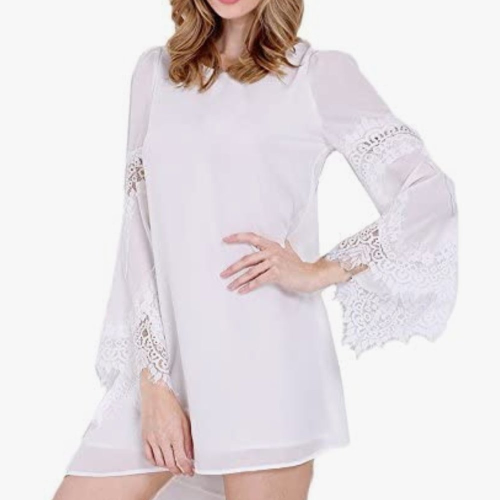 White Flare Long Sleeve With Lace Vintage Shift Dress (Small, White)